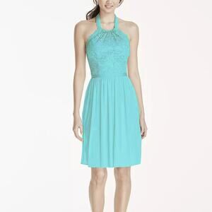 David's Bridal Short Lace Mesh Dress with Halter Neckline, Aqua, Missy Sz 6 Prom